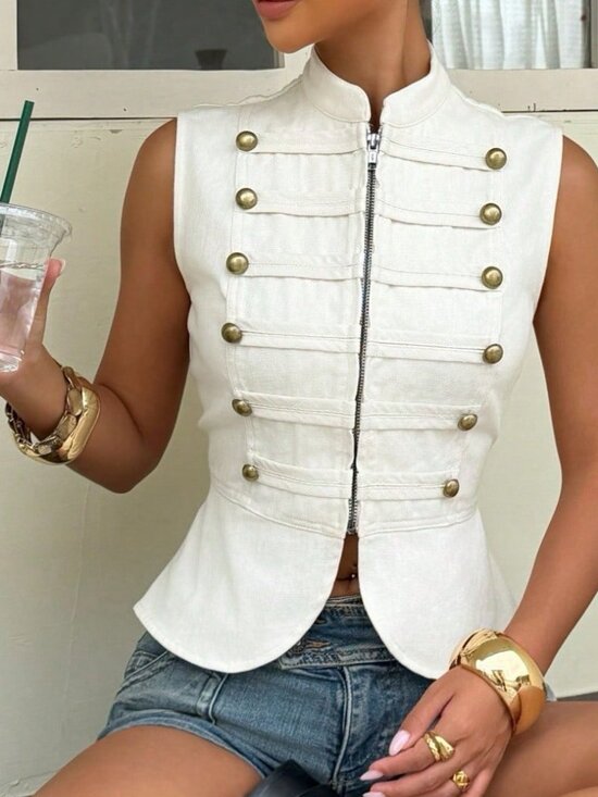MODA ME COUTURE Jackets & Blazers - Casual Women's Button Design Zipper Placket Slim Fit Vest